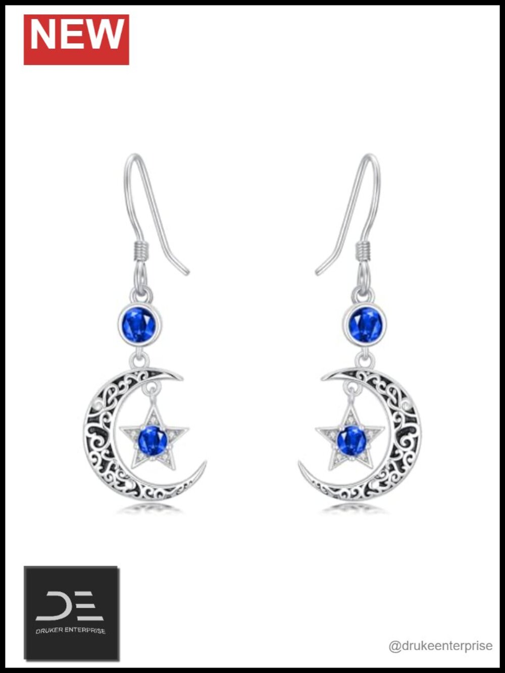 Sterling Silver Moon Star Birthstone Dangle Drop Earrings